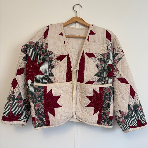 Hand Crafted Quilted Patchwork Jacket in Cream and Burgundy - Picture 6 of 16